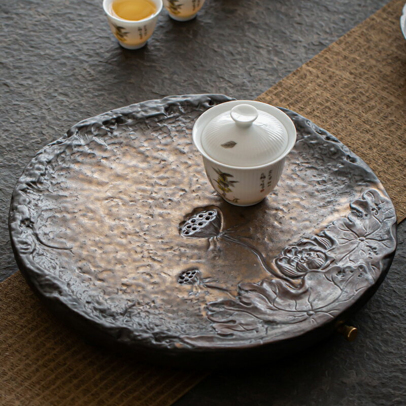 蓮花功夫茶盤帶排水陶瓷圓形禪意日式創意高端托盤干泡茶臺儲水式