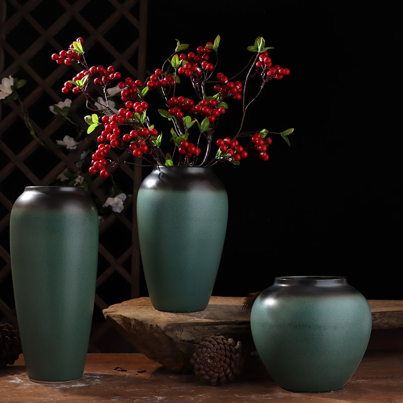 新中式花瓶擺件孔雀綠顏色釉陶瓷花器家居軟裝飾品樣板間配飾擺設