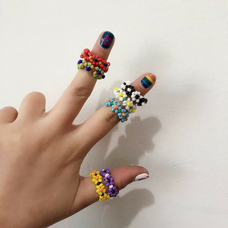 泫雅風彩色小花朵戒指韓版網紅同款關節戒子手工編織可愛趣味指環