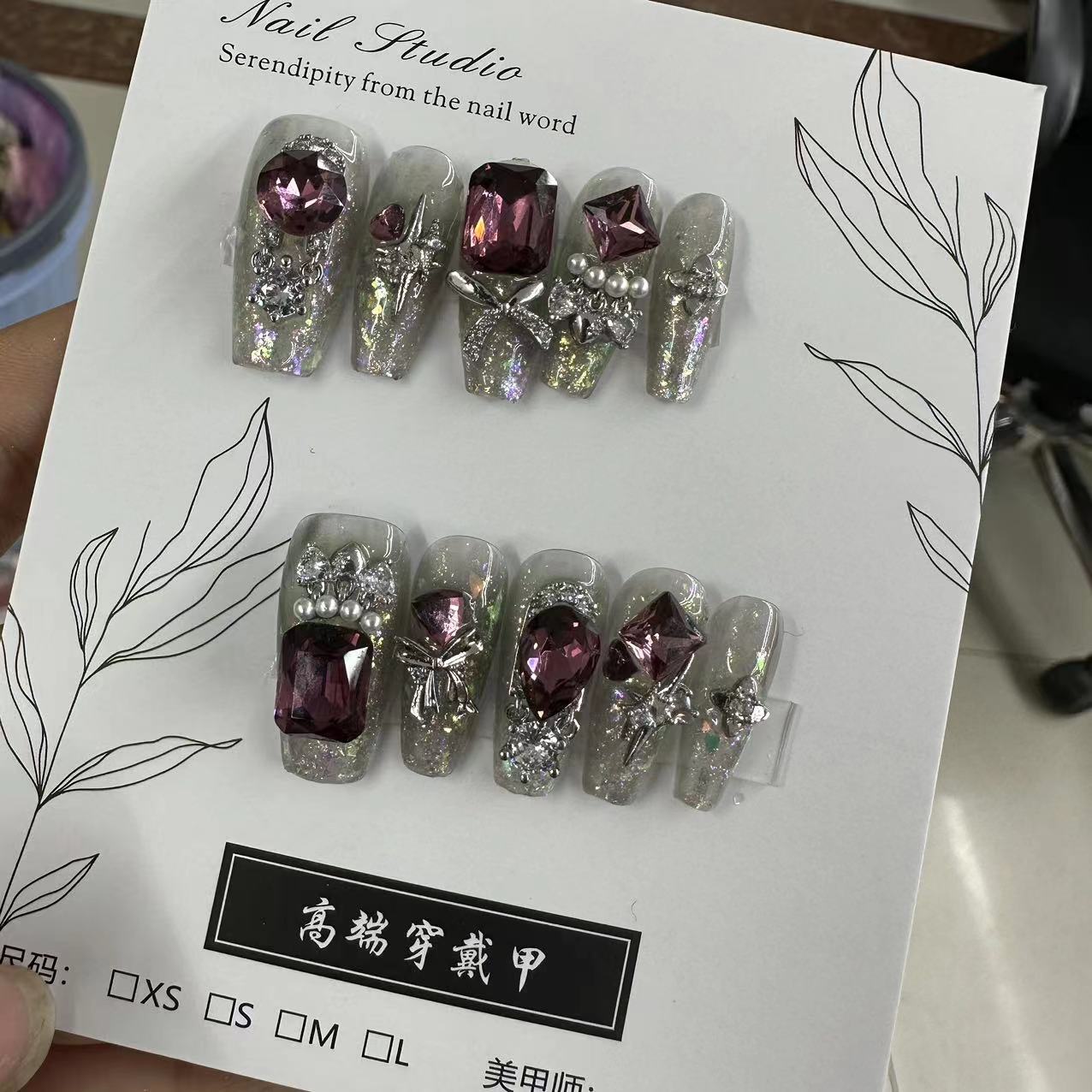 新款高階感炫彩珍珠滿鑽美甲純手工製作穿戴甲可拆卸