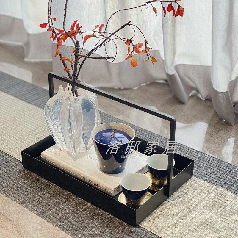 新中式禪意方形金屬提籃組合擺件樣板房售樓處透明花器桌面裝飾品
