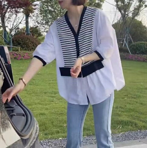 中大尺碼女裝~春夏新款 條紋拼接假兩件休閒襯衫 百搭大碼上衣胖MM都可以穿 0
