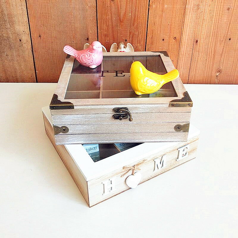 免運 北歐復古桌面茶包盒儲物收納盒木質九格茶包整理盒創意家居裝飾品-快速出貨