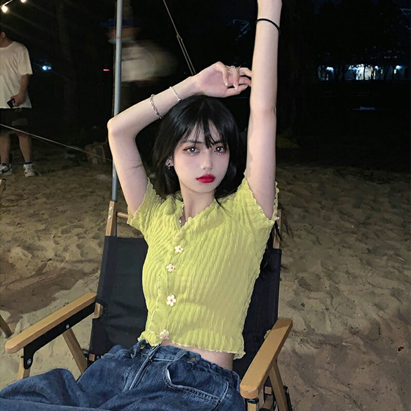 辣妹短款正肩v領白色短袖t恤設計感小眾上衣夏季女裝2022年新款潮 2