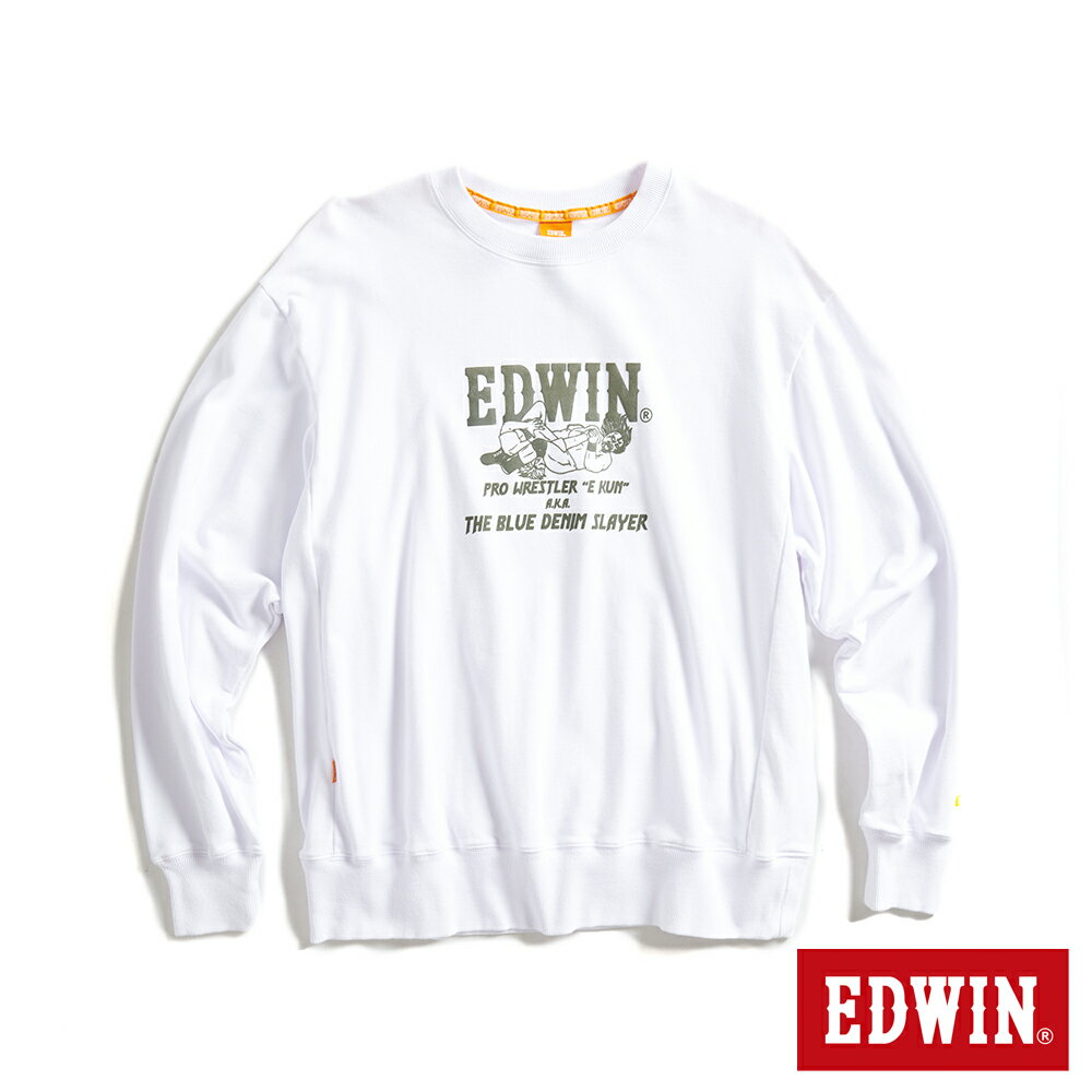 EDWIN 橘標 摔角手E君摔角技寬版厚長袖T恤-男款 白色