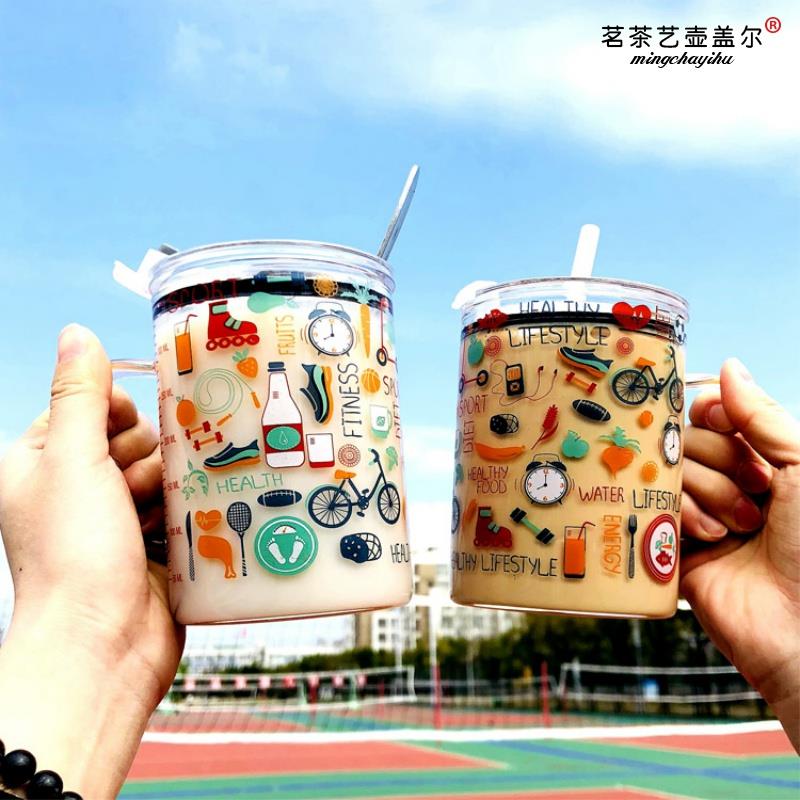 韓國可愛玻璃杯子熱飲咖啡馬克杯刻度吸管牛奶杯透明帶蓋勺喝水杯