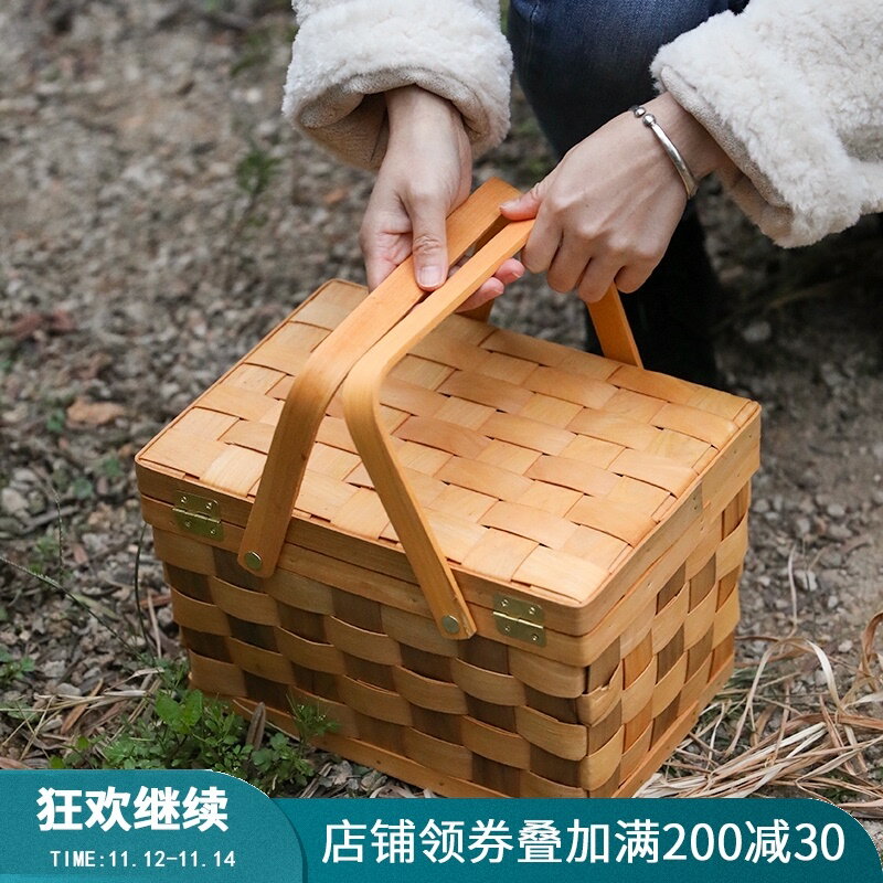 木質編野餐籃購物籃帶蓋收納盒 戶外飯菜提籃麵包筐春遊便攜籃子