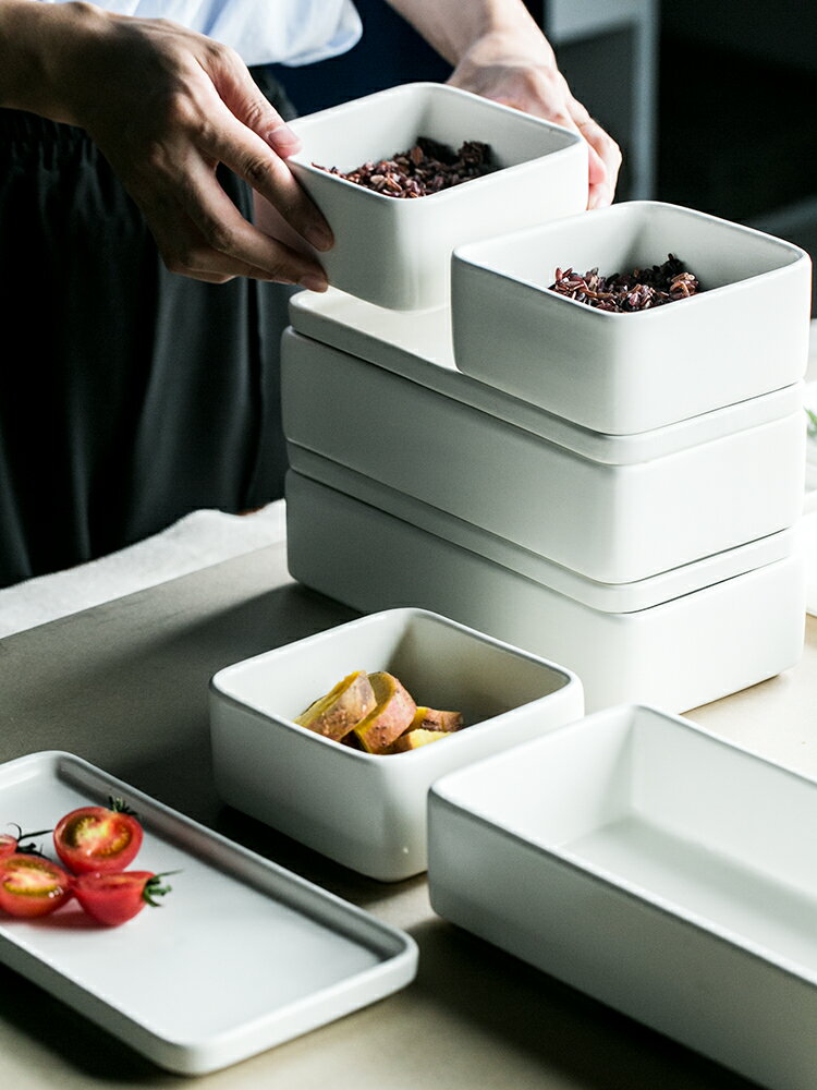 朵頤歐式簡約白色長方形盒蓋冰箱收納點心盒廚房餐具盤陶瓷食物盤1入