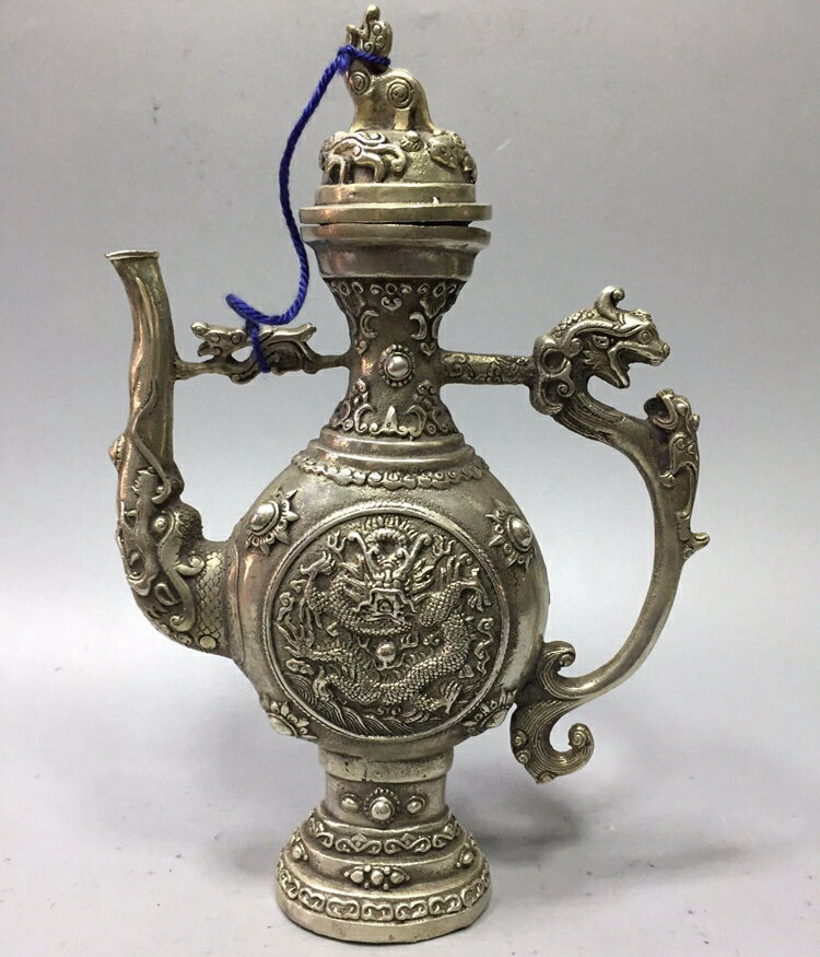 大清乾隆宮廷御用仿古白銅酒壺純銅水壺茶壺浮雕龍紋復古家居擺件