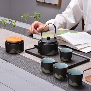【八折】釉畫彩日式提梁壺功夫茶具簡約家用陶瓷茶壺茶杯辦公干泡茶盤套裝 閒庭美家