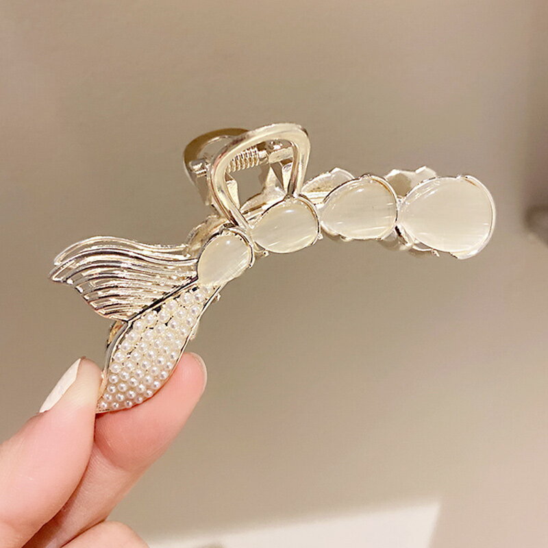 時尚貓眼石珍珠魚尾抓發發夾女金屬優雅氣質後腦勺鯊魚夾ins發卡