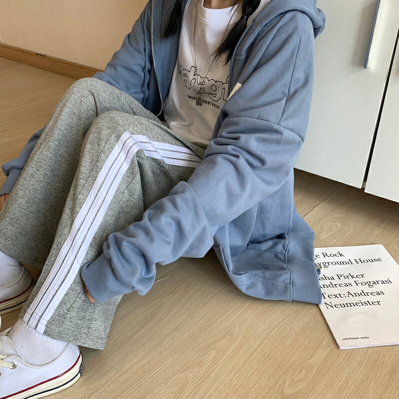 ins超火休閑運動褲子女春秋ulzzang高腰顯瘦直筒寬松闊腿長褲
