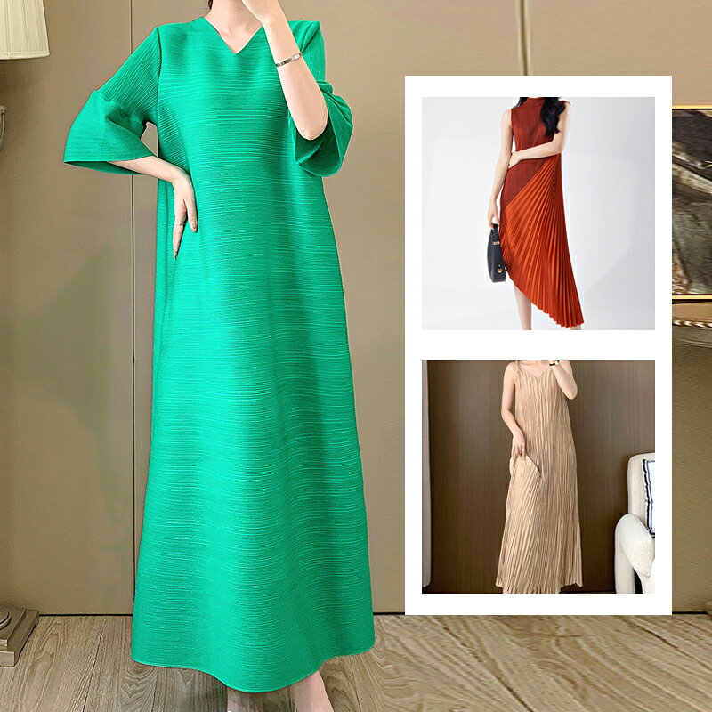 【巴黎精品】現貨+預購 三宅風皺褶衣服連身裙壓褶洋裝連衣裙大尺碼女裝(寬鬆V領燈籠袖五分袖女裙子3款a1nb6 B)