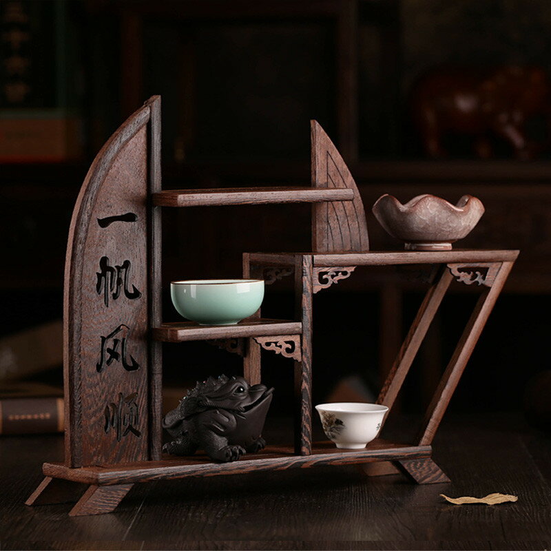 雞翅木小博古架紅木紫砂壺茶葉展示架子實木中式擺件多寶閣置物架
