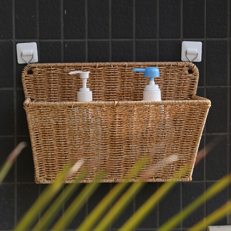 塑料編壁掛籃北歐風 仿藤編浴室墻上免打孔收納籃 儲物置物架掛籃