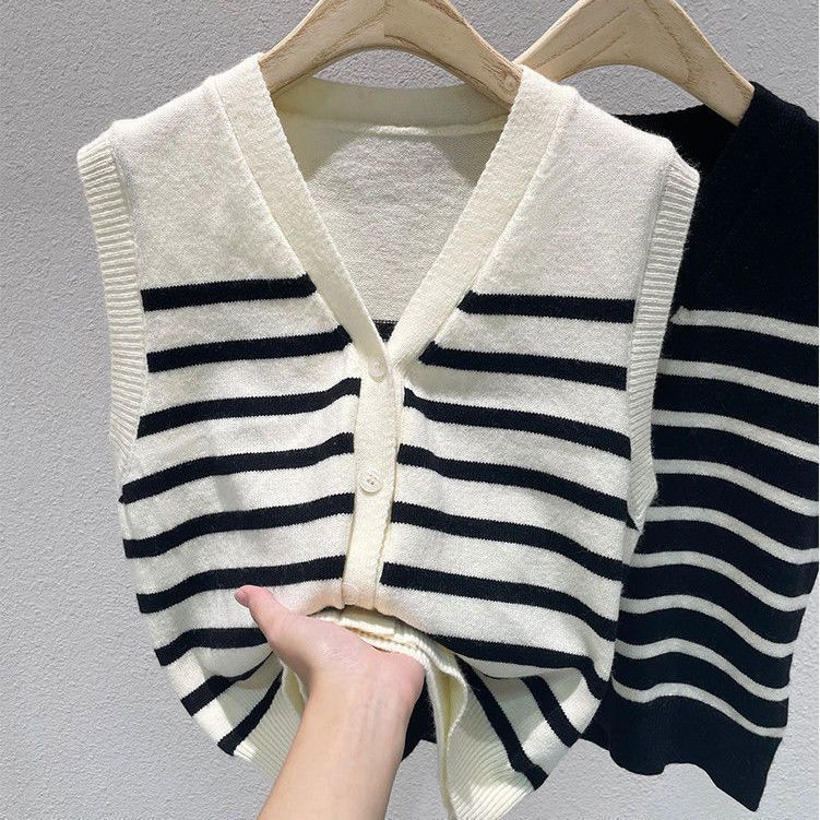 針織馬甲V領條紋無袖針織小外套坎肩馬夾疊穿上衣女開衫早秋【淘夢屋】