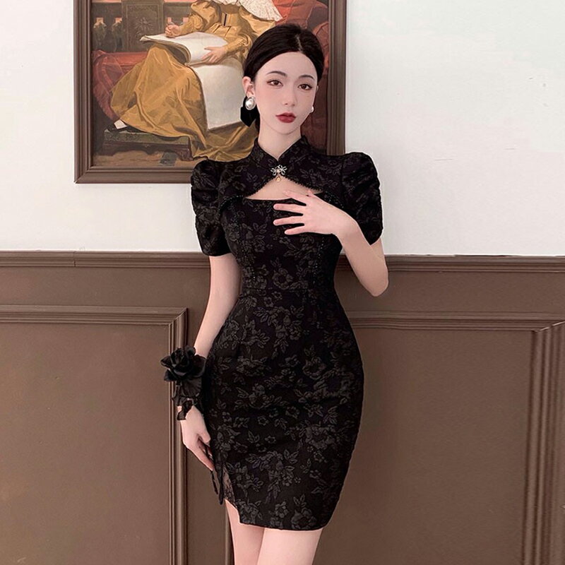復古高階輕奢改良旗袍禮服小黑裙泡泡袖包臀連衣裙女夏2022年新款