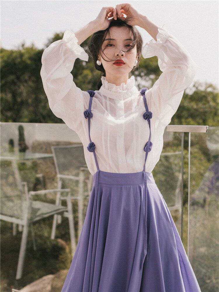 2022年春夏季新款法式復古少女感套裝學院風紫色吊帶連衣裙兩件套