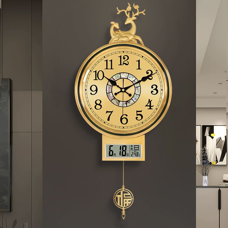掛鐘 時鐘 客廳時鐘 新中式高檔黃銅掛鐘客廳2024新款家用時尚帶日歷溫度掛墻壁時鐘表