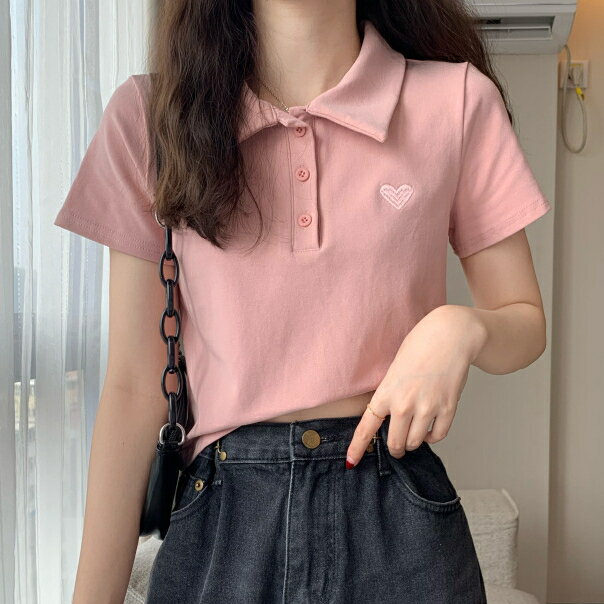 FUXI 韓版短袖t恤女 短板上衣 翻領上衣 愛心刺繡短版上衣 polo衫 女裝 衣服【A1021】