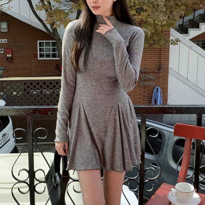 ANNAS 正韓顯身材高領傘裙洋裝 棉質彈性貼身洋裝 長袖高領洋裝 腰身顯瘦A字裙 性感合身素面 7