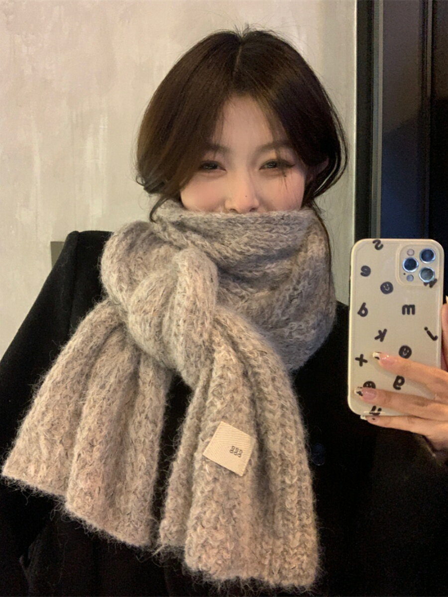 含羊毛圍巾女冬季高級感百搭韓版學生可愛加厚毛線圍脖針織保暖潮