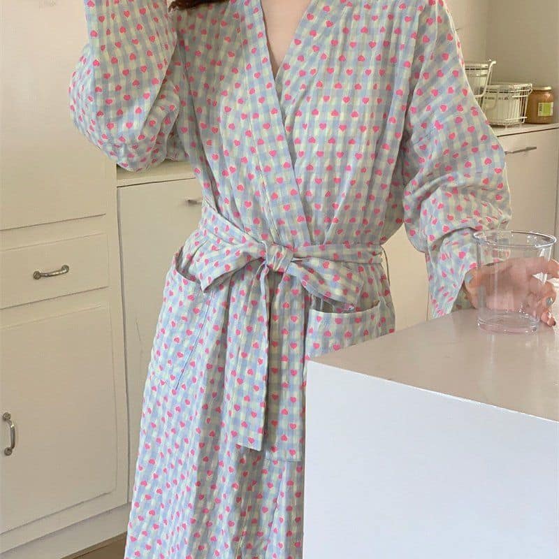 日式和服款 愛心格子純棉睡袍