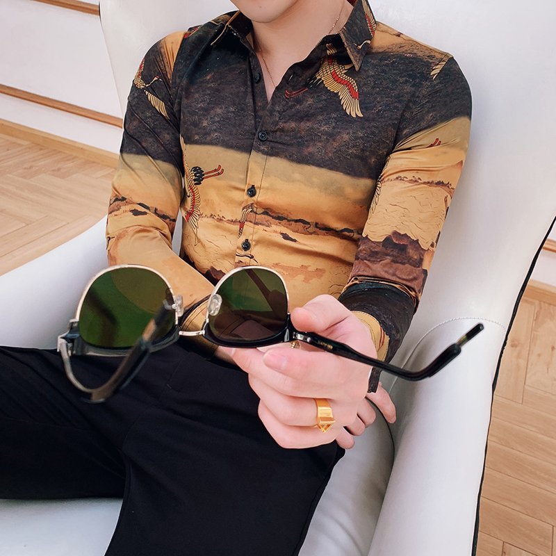 FINDSENSE 品牌 2019春季 新款 飛鶴 印花 個性 社會 修身 男青年 長袖 免燙 襯衫