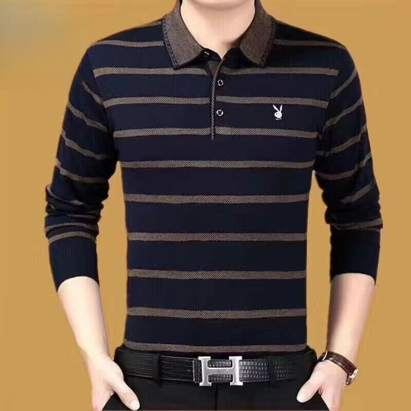 純棉翻領Polo衫男|大尺碼100公斤男裝上衣|男士長袖毛衣|簡約韓版薄款打底衫|拼接翻領針織衫|中老年長袖Polo衫