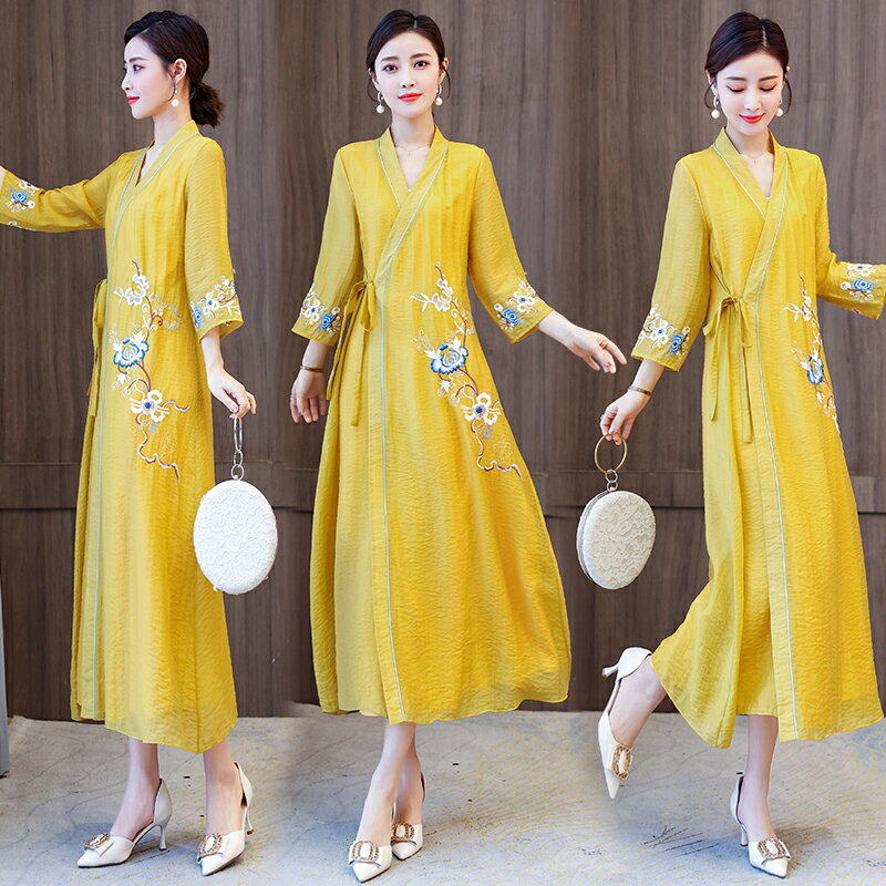 漢服女中國風春裝新款法式設計感小眾禪意復古茶服洋氣改良連衣裙