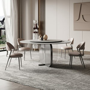 桌子 意式極簡巖板圓餐桌家用設計師圓桌帶轉盤飯桌新款