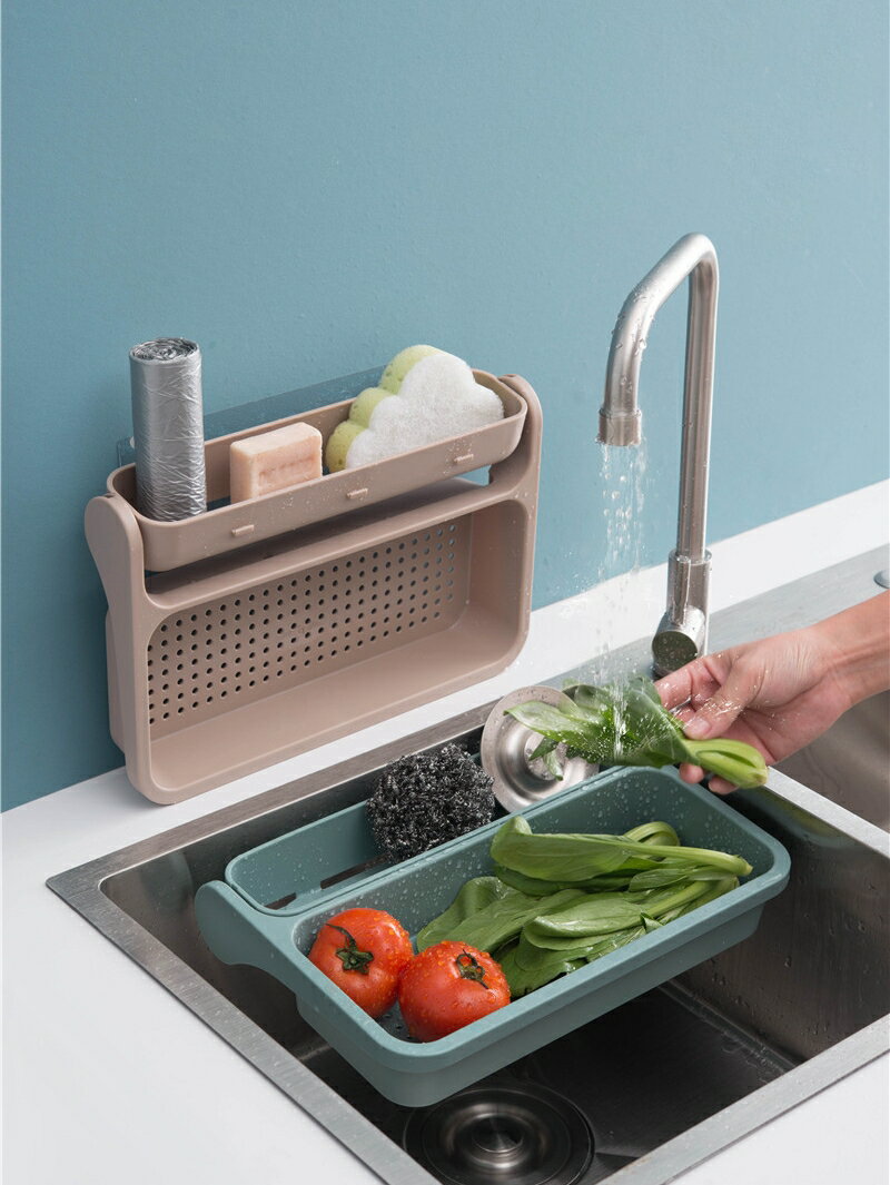 家用免打孔廚房水槽置物架洗菜水果瀝水籃多功能碗碟掛架墻面收納