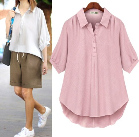 中大尺碼女裝~歐美大碼寬鬆五分袖上衣 棉麻襯衫 純色上衣 胖MM都可以穿 2
