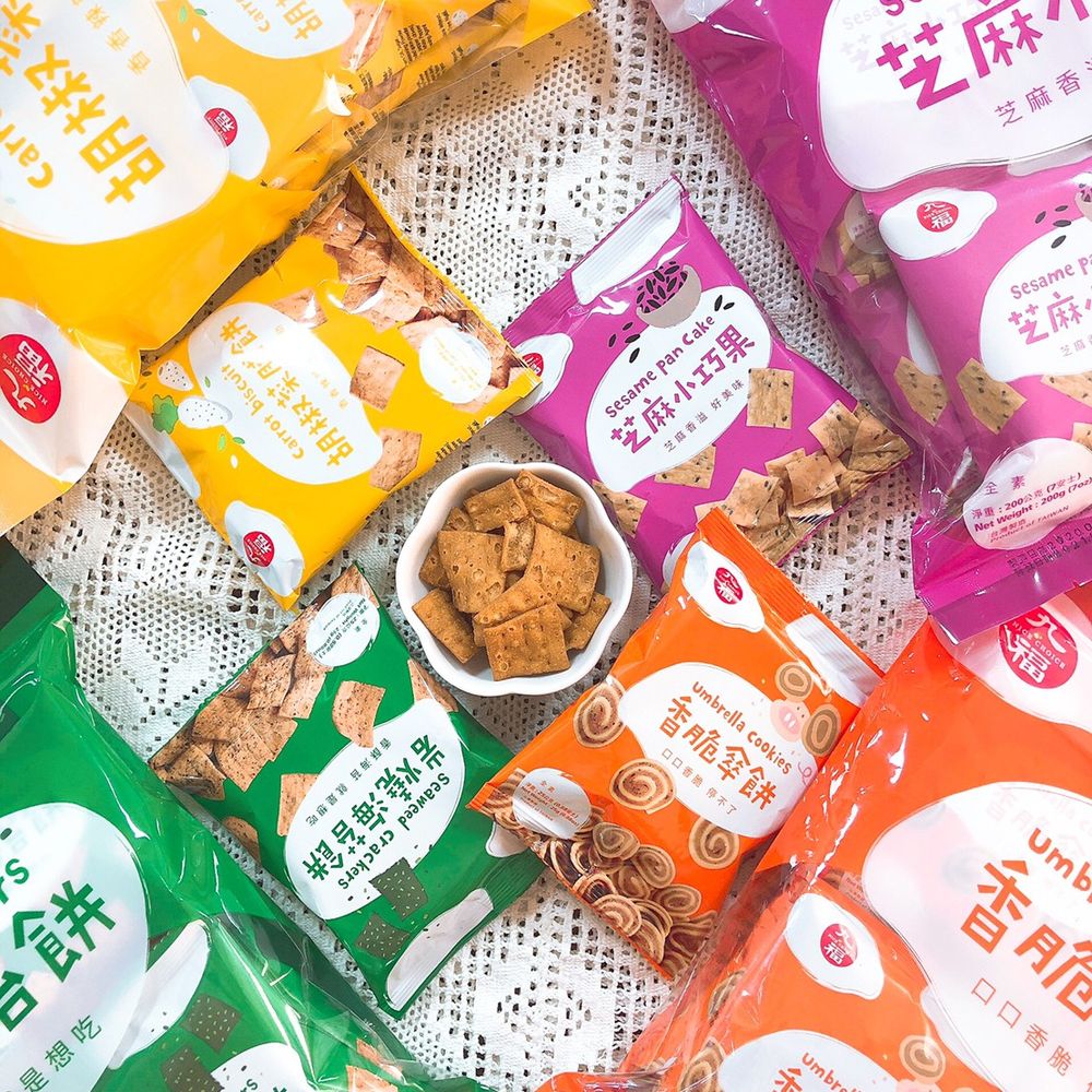 【九福】巷口柑仔店 必買傳統古早味零食(傘餅/岩燒海苔/胡椒菜脯/芝麻小巧果)全素220g 5