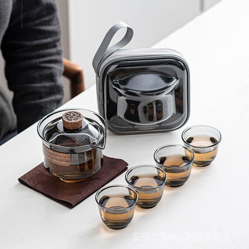【免運 免運】便攜戶外玻璃茶具便攜式泡茶杯旅行茶具套裝快客杯一壺四杯便攜包