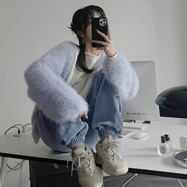 ANNAS 正韓 開衫 女神 外套 毛毛 毛海 爆毛 性感 柔軟 大衣 外搭 罩衫 粉藍米咖 百搭 顯瘦 韓國 4