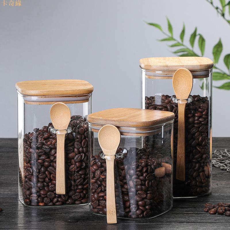 日式方形玻璃密封罐家用咖啡豆儲存罐帶木勺調料瓶廚房食品儲物罐