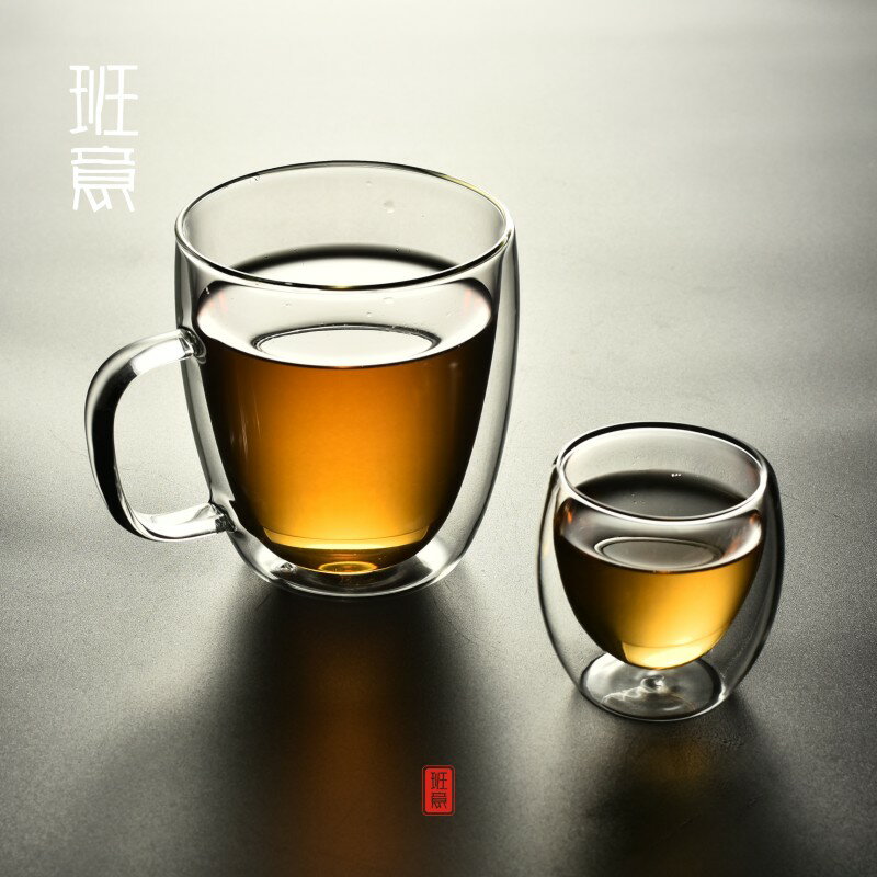 防燙玻璃杯雙層透明大容量耐熱帶把帶蓋勺辦公馬克杯咖啡杯泡茶杯1入