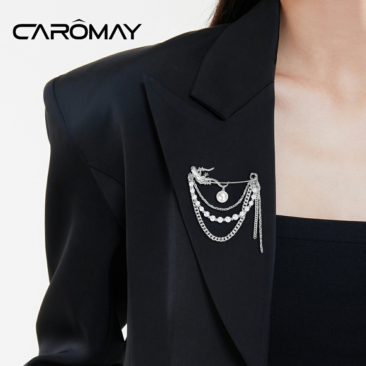 CAROMAY設計師款壁虎胸針珠光璀璨個性衣服配飾西裝領口別針扣針