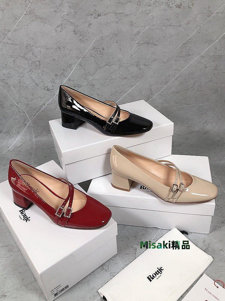 100％原廠Rouje瑪麗珍鞋粗中跟淺口水鉆真皮女單鞋法式時尚小紅鞋-Misaki精品