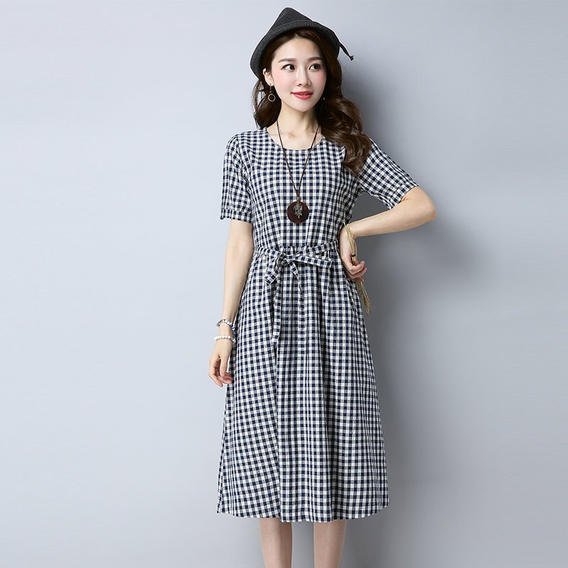 FINDSENSE G5 韓國時尚 夏季 復古 文藝 寬鬆 棉麻 短袖 格子 連身裙