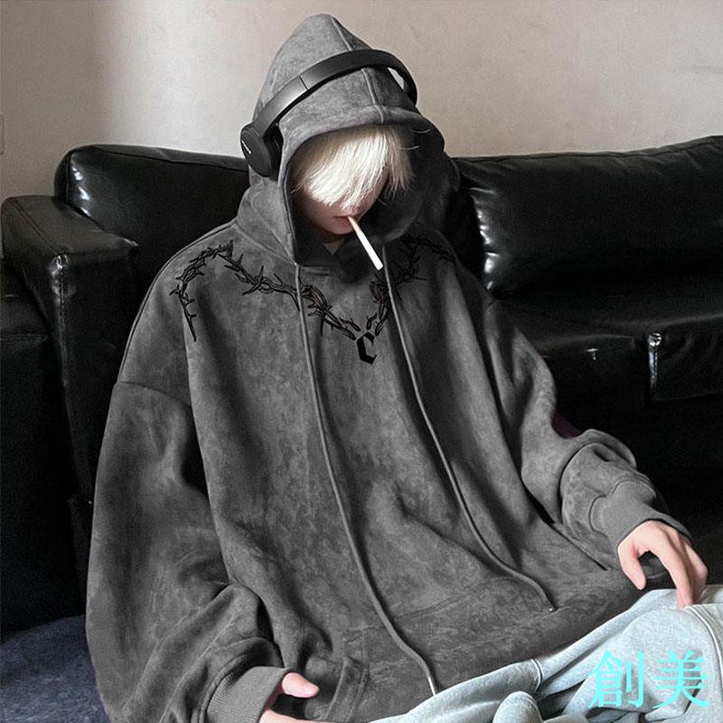 美式hiphop高街連帽衛衣男秋冬復古潮牌痞帥小眾印花嘻哈重磅外套-創美