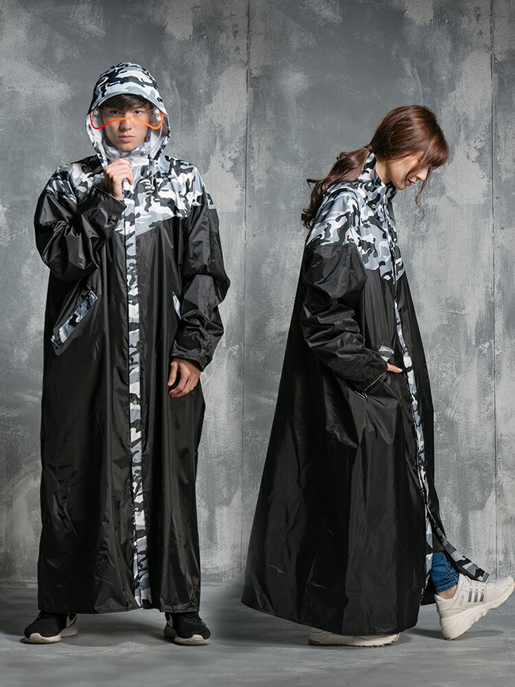 單人雨衣 迷彩雨衣長款加長遮腳電動車雨衣雙帽檐男女有袖拉鏈前開風衣式『XY13609』