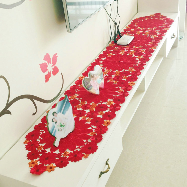 刺繡桌旗茶幾巾電視櫃桌布大紅色歐式結婚喜慶蓋布餐桌布手工鏤空