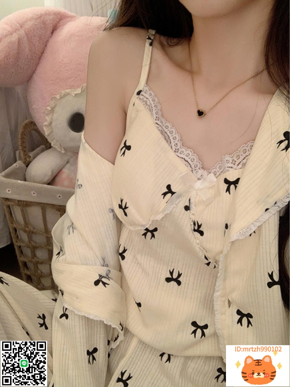 GPmost睡衣女春秋冬款帶胸墊吊帶花邊純棉純欲風性感印花三件套裝-時尚精品