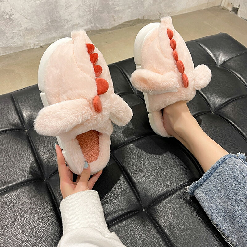 居家棉拖鞋女2021秋冬新款可愛卡通恐龍平底防滑休閑臥室地板毛拖