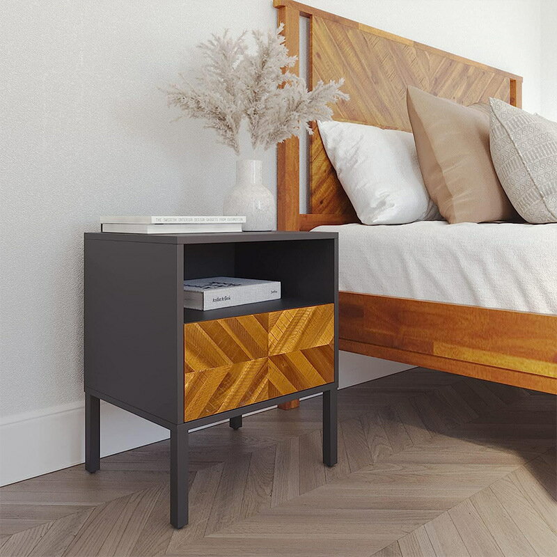 北歐簡約設計師拼色柚木色實木沙發邊幾現代復古侘寂風黑色床頭柜