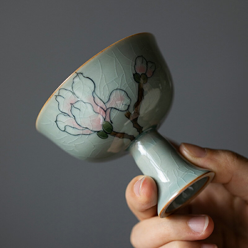 冰片手繪玉蘭花高足杯茶杯陶瓷高腳杯家用品茗杯主人杯子功夫茶具