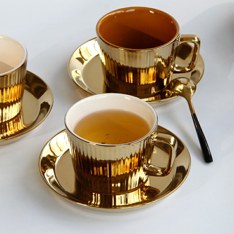 陶瓷咖啡杯碟套裝鍍金色馬克杯家用杯子北歐簡約牛奶杯下午茶杯
