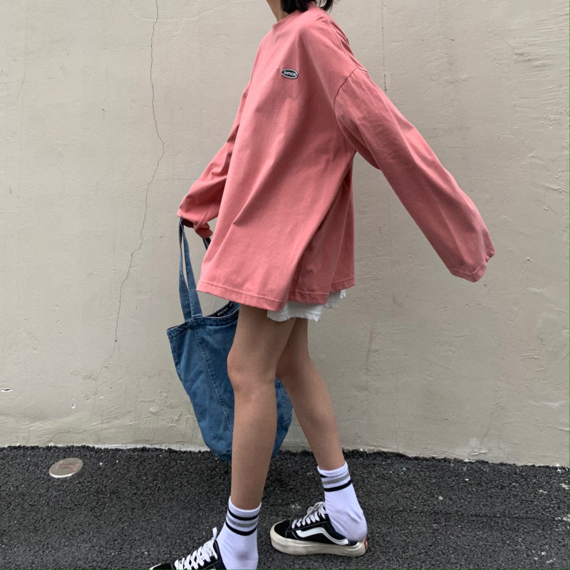 T恤長袖女寬松韓版學生bf港風粉紅色時尚百搭體恤春季上衣女純棉新款【倪醬】